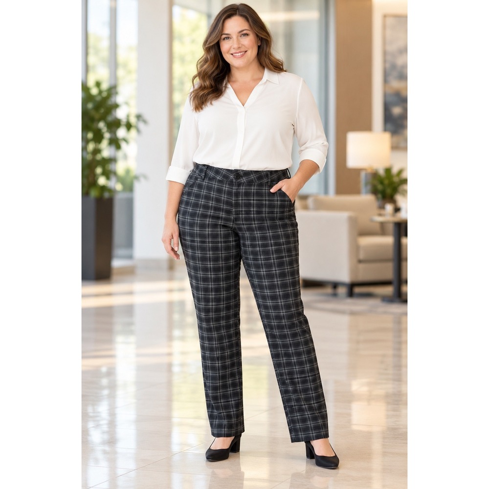 Lee Women 16W Grey Black Plaid Wrinkle Free Straight Leg Stretch Trousers Pants